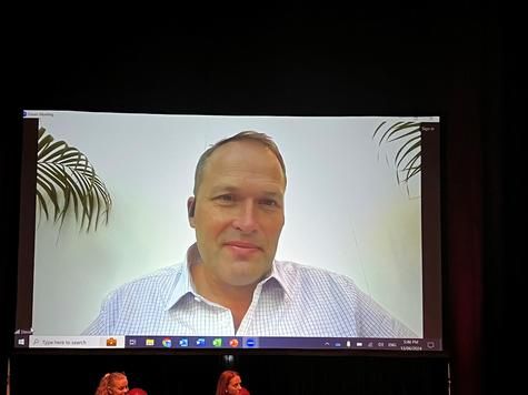 NFF president David Jochinke speaks online from a carbon forum in the Netherlands to a forum at Horsham Performing Arts Centre.