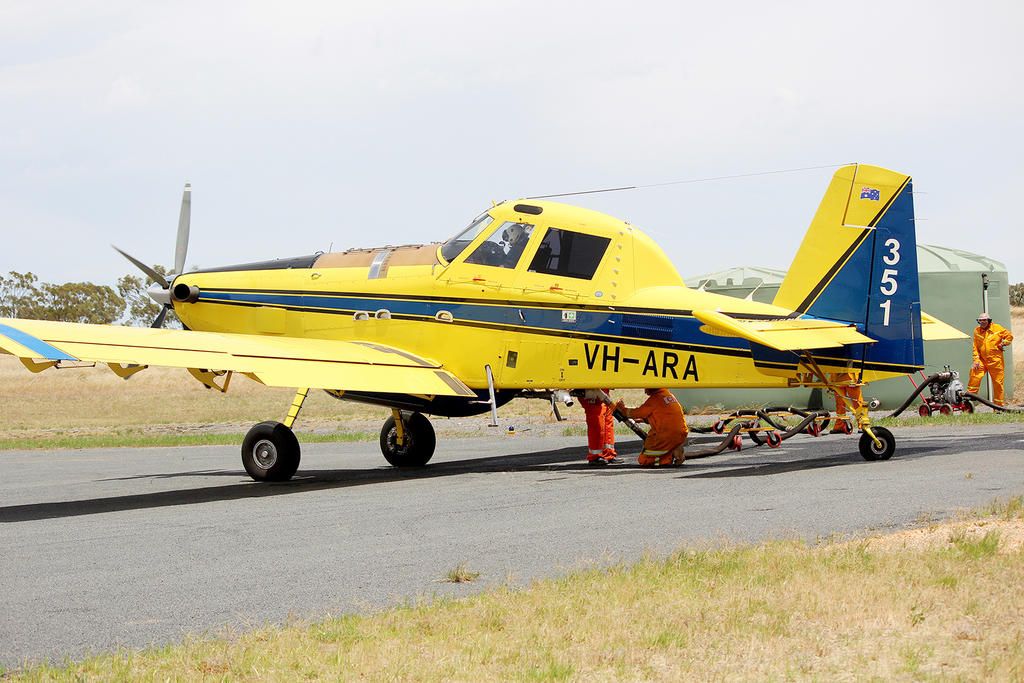 An aerial fire bomber receives a fill up at the Warracknabeal Aerodrome during the midst of battling a fire at Lah in 2020.
