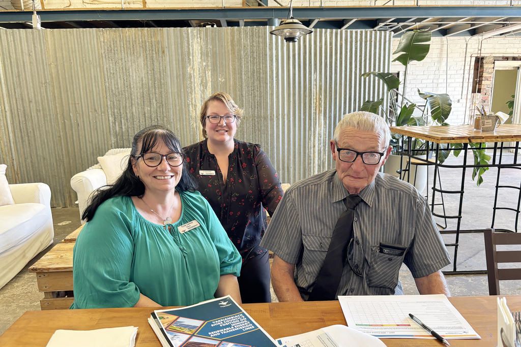 Yarriambiack mayor Kylie Zanker and councillor Karly Kirk with Warracknabeal local Ken Goodwin during the Coffee with a Councillor session at The Local 365 in Warracknabeal. Photo: CAITLIN MENADUE