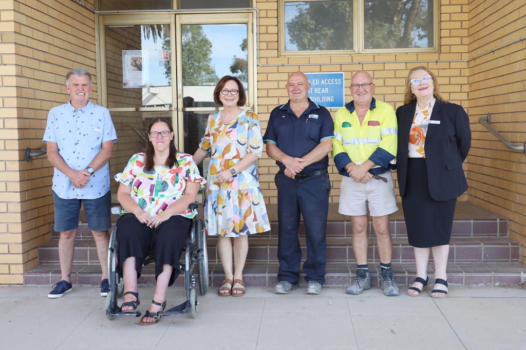 Hindmarsh Shire councillor Tony Clark, left, Allira Roberts, Member for Mallee Dr Anne Webster, mayor Ron Ismay, Cr Roger Aitken and Cr Rosie Bark at 'The Mecca' in Rainbow during the $1M announcement for amenities upgrade.