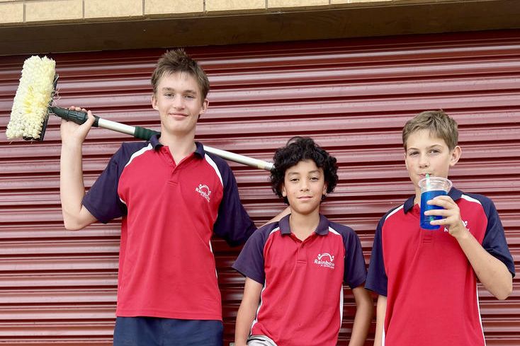 Rainbow P-12 College Year-9 students Jasper Bigham and Riley Muggeridge will clean and detail cars, while year-7 student Will Glen will entertain marketgoers with slushies at the Oasis Rainbow market this Saturday.