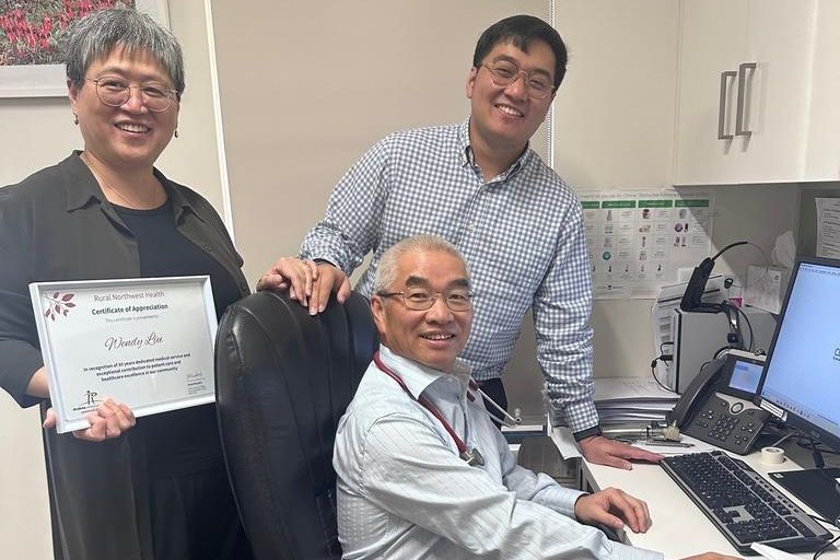 Dr David Liu (back right) congratulates his parents, Dr Donald and Wendy Liu, on 30 years of dedicated medical care to the Warracknabeal and district community.