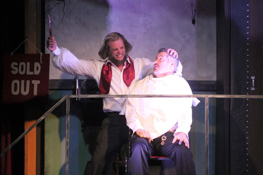 Shane Harman (Sweeney Todd) prepares to kill off James Henwood (Judge Turpin) during the production.