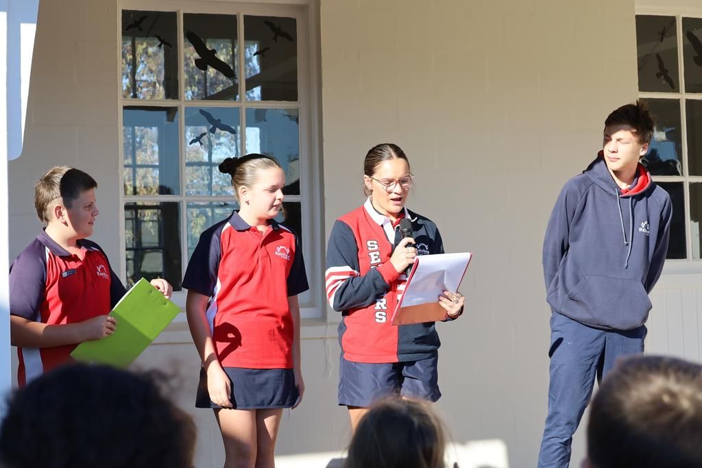 Junior and Senior School captains Koby Weir, Emma Saul, Holley Doxey and Zander Eckermann, P-12 College leadership group.