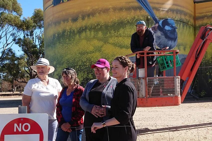 Artist Smug, aka Sam Bates (back) with Rupanyup Progress Association president Carmel Healy, Yarriambiack Shire Council's councillor Corrinne Heintz, and Regina Johnstone and Kelly Oxbrow, from Rupanyup Minyip Financial Group, stand in front of the newly painted silo.