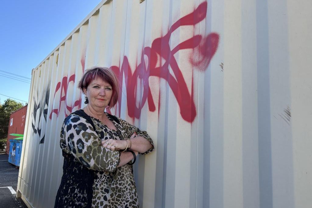 Horsham Plaza centre manager Allison Roberts next to a shipping container that was targeted at the weekend. Photo: CAITLIN MENADUE