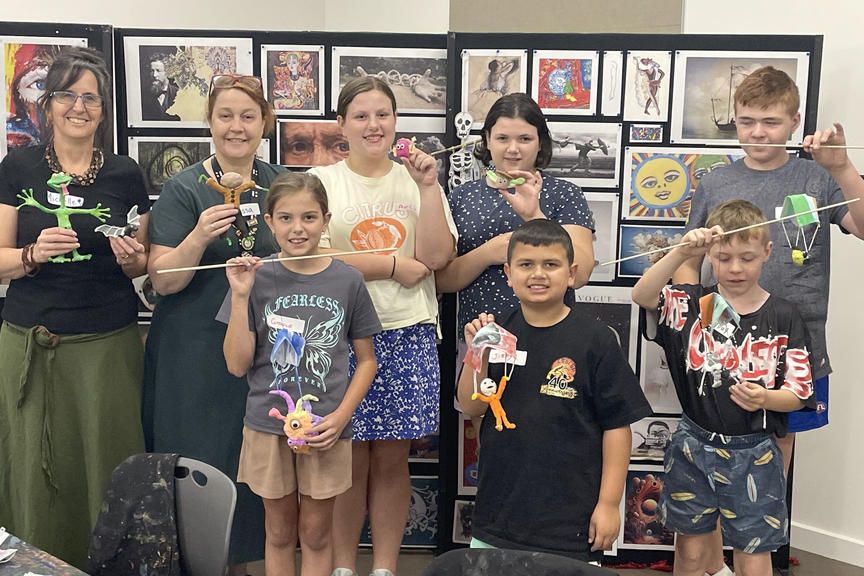 A creative group show their parachutes and models at the Horsham Gallery school holidays activities. Photo: SHERYL LOWE
