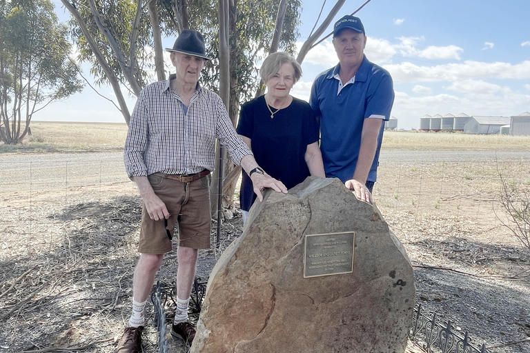 Robert and Joan Johns with son Dean Johnsat the site of the monument recognising their ancestors who first settles in Dooen in 1884.