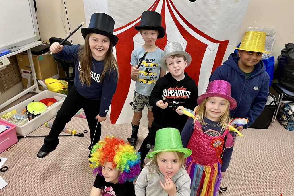 Hopetoun locals Miah, Ralph, Hunter, Diyon, Darcy, Zahra, and Elsie are pictured at the end of the activity during the Yarraiambiack Shire's winter school holiday Circus story time and activities.