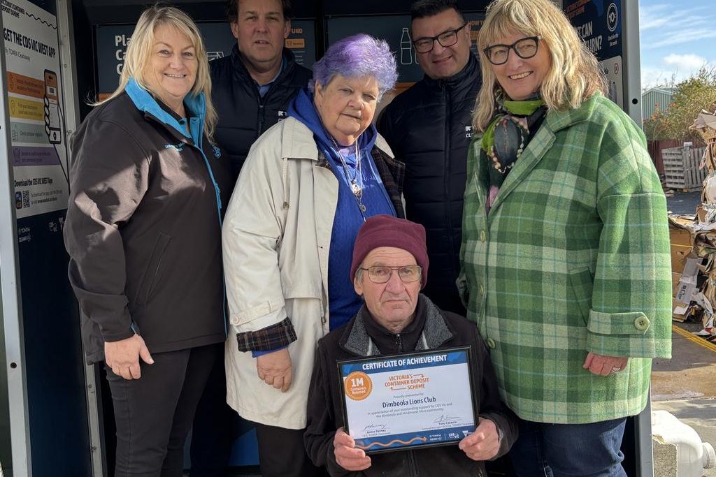 TOMRA Cleanaway Steve Rainey (back left) and Victorian general manager Tony Catania (back right) with Dimboola Lions Club members treasurer Debbie Clark (left), secretary Jan John, member Lou Catania (crouching) and La Vergne Lehmann.