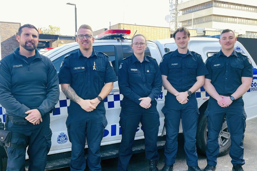 Sergeant Mitchell Gallop, Acting Sergeant Marc Davey, First Constable Ashkeigh Hall, First Constable Sam Salisbury and Acting Sergeant Shane Weeks supporting Operation Shelter in Horsham.