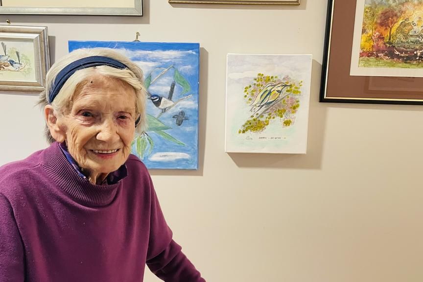 Claire McKenry celebrated her 100th birthday on August 11, 2025, seen here with some of her hand painted watercolours