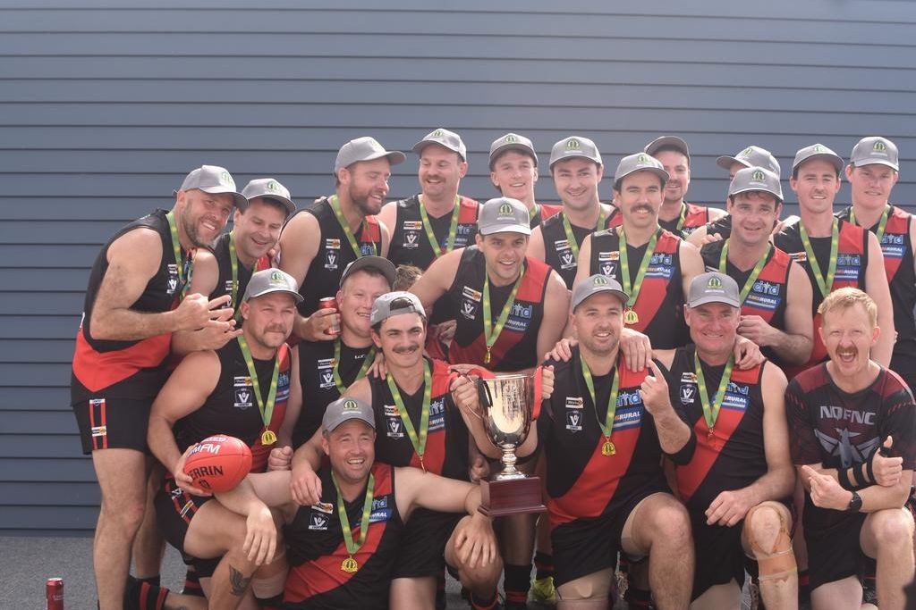 Noradjuha Quantong celebrate their reserves football premiership after defeating Pimpinio in the grand final.