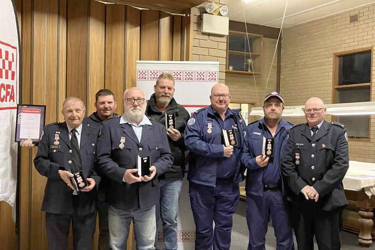 Rainbow CFA brigade members Bob Bastin (55 years), Mark Bastin (five years), life member David Klemm (50 years), Rob Koning (35 years), Matt Keller (20 years), Andrew Cross (with Raymond Cross' 55 years service award) and brigade captain Andrew Newnham pictured at the Rainbow CFA awards night on Friday, September 5.