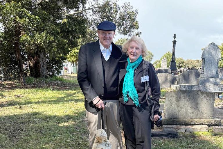 Kevin Ryan and his wife Ricki at the Memorial Service, October 2025 for his great great aunt, Maria Langley Cook and her daughter Louisa Jane who were murdered in 1874. They lay in an unmarked grave in the Edenhope cemetery for 107 years.