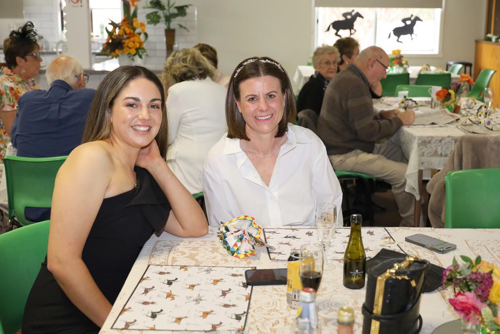 Adele Robinson and Catherine Gosling are all smiles during the Melbourne Cup lunch.