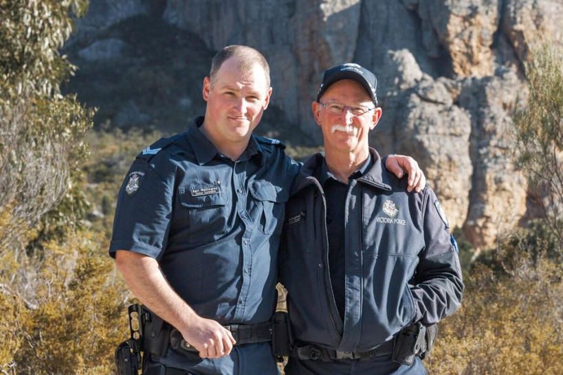 Father-and-son duo Senior Constable Aari Mellington, the sole police officer in Jeparit, and Leading Senior Pete Mellington.