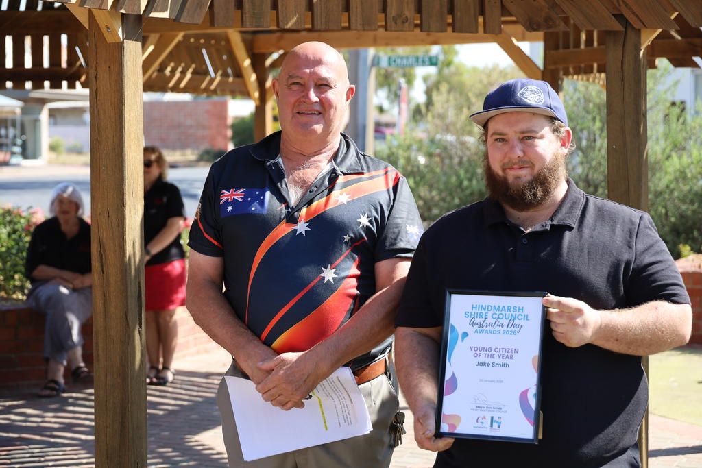 Hindmarsh Shire Mayor, Ron Ismay with joint Young Citizen of the Year, Jake Smith.