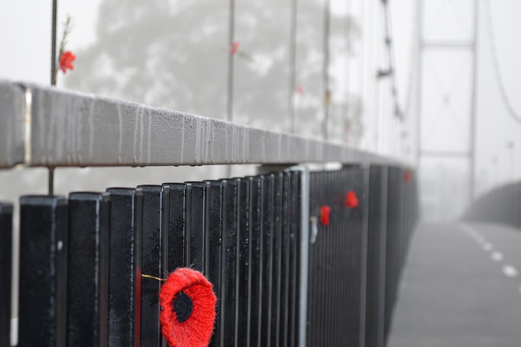 Knitted poppies displayed at the Anzac Memorial pedestrian bridge in Horsham.