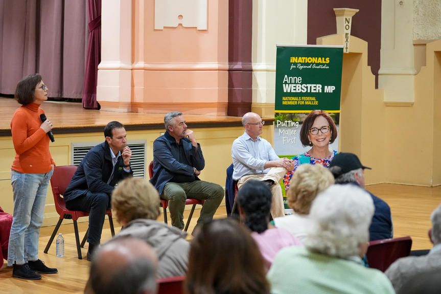 Mallee MP, Anne Webster, listening to a crowd of about 200 farmers at a forum in St Arnaud last week, with (seated) The Nationals Federal leader, Matt Canavan; deputy leader, Darren Chester and Victorian The Nationals leader, Danny O'Brien.