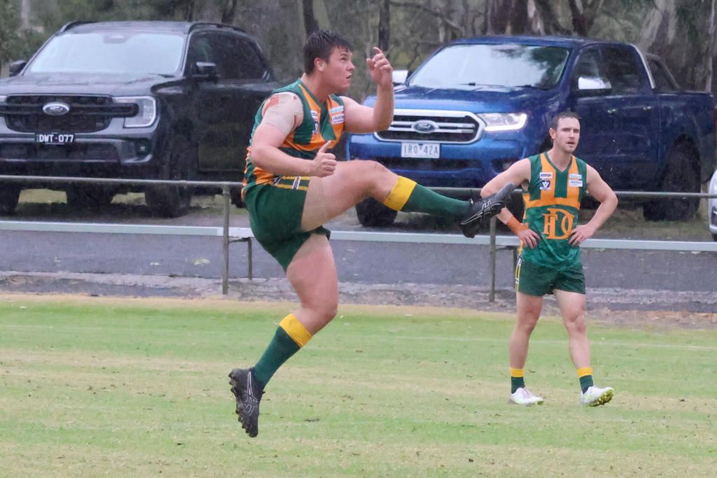 Thomas O'Dwyer kicks for goal for Dimboola during the match Saturday.