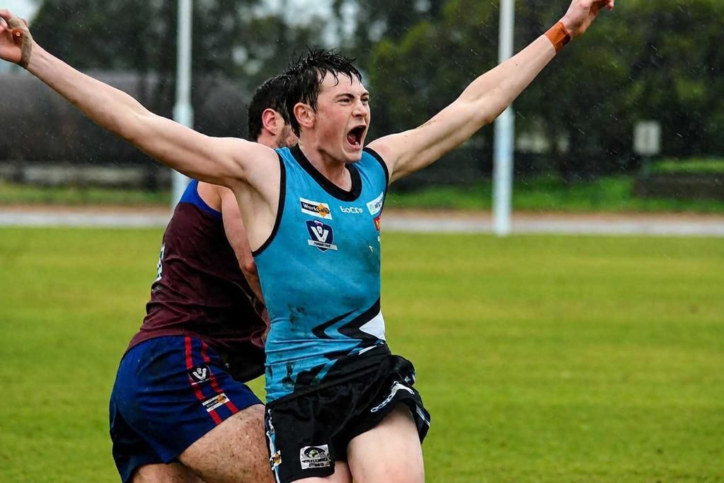Oliver Credlin kicks his first goal in seniors and celebrates hard. Southern Mallee Thunder handled the wet conditions best, leading at every break on the way to a 68-43 win over Horsham.