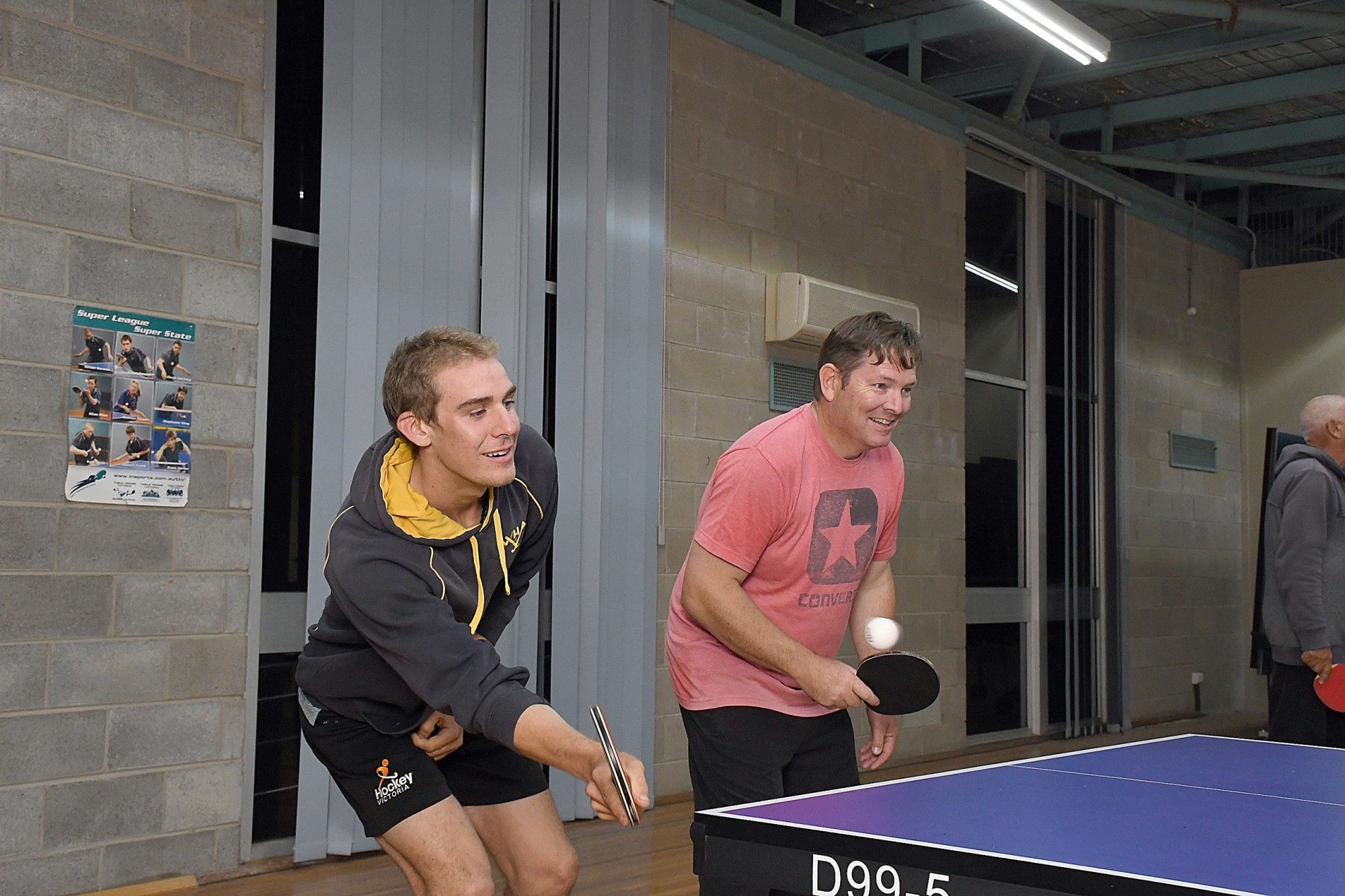 Sandon Schultz makes a return watched by playing partner Craig Byron.