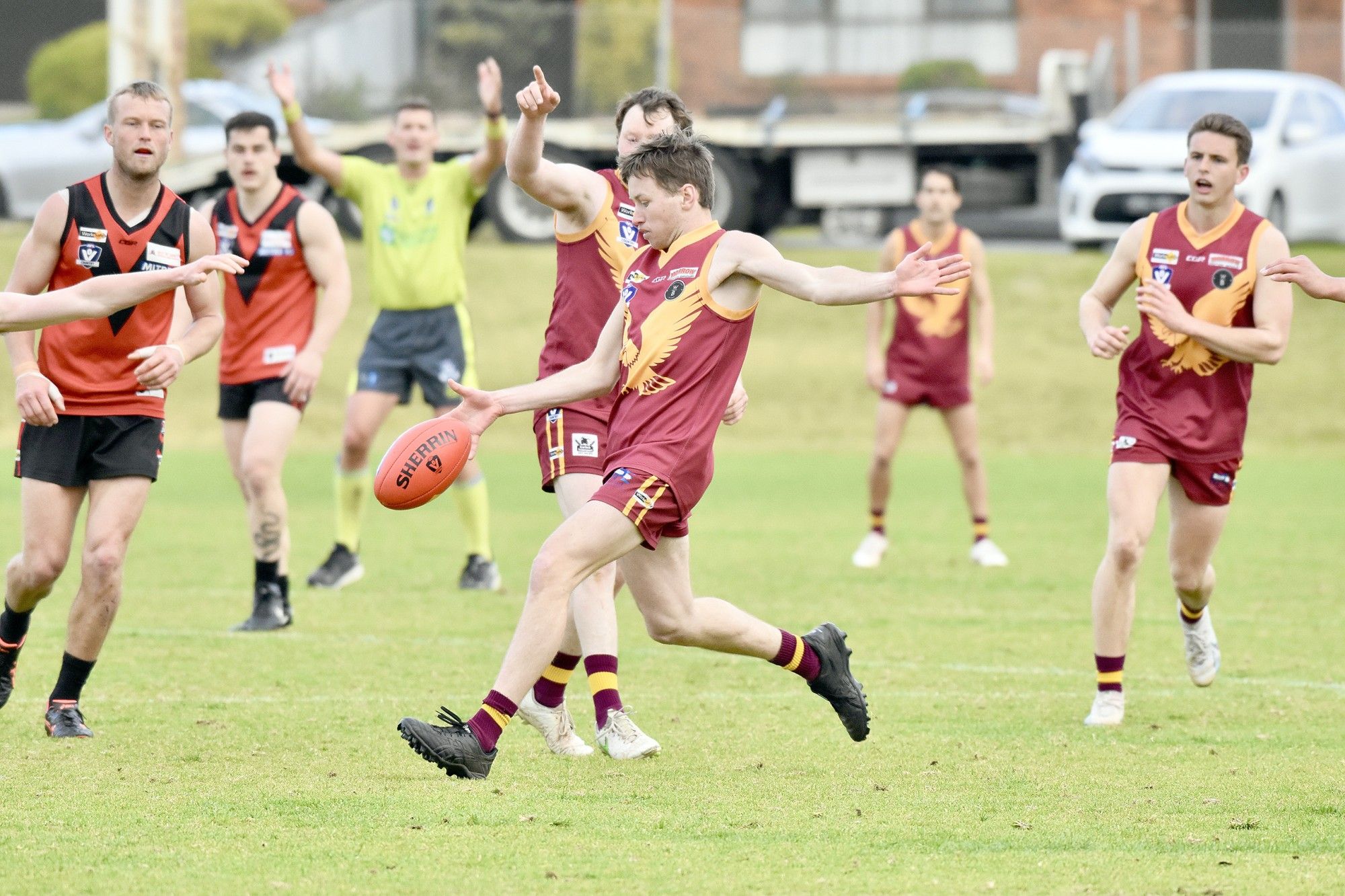 Baiden Penny kicks the Eagles forward during Saturday's clash against Stawell at North Park.