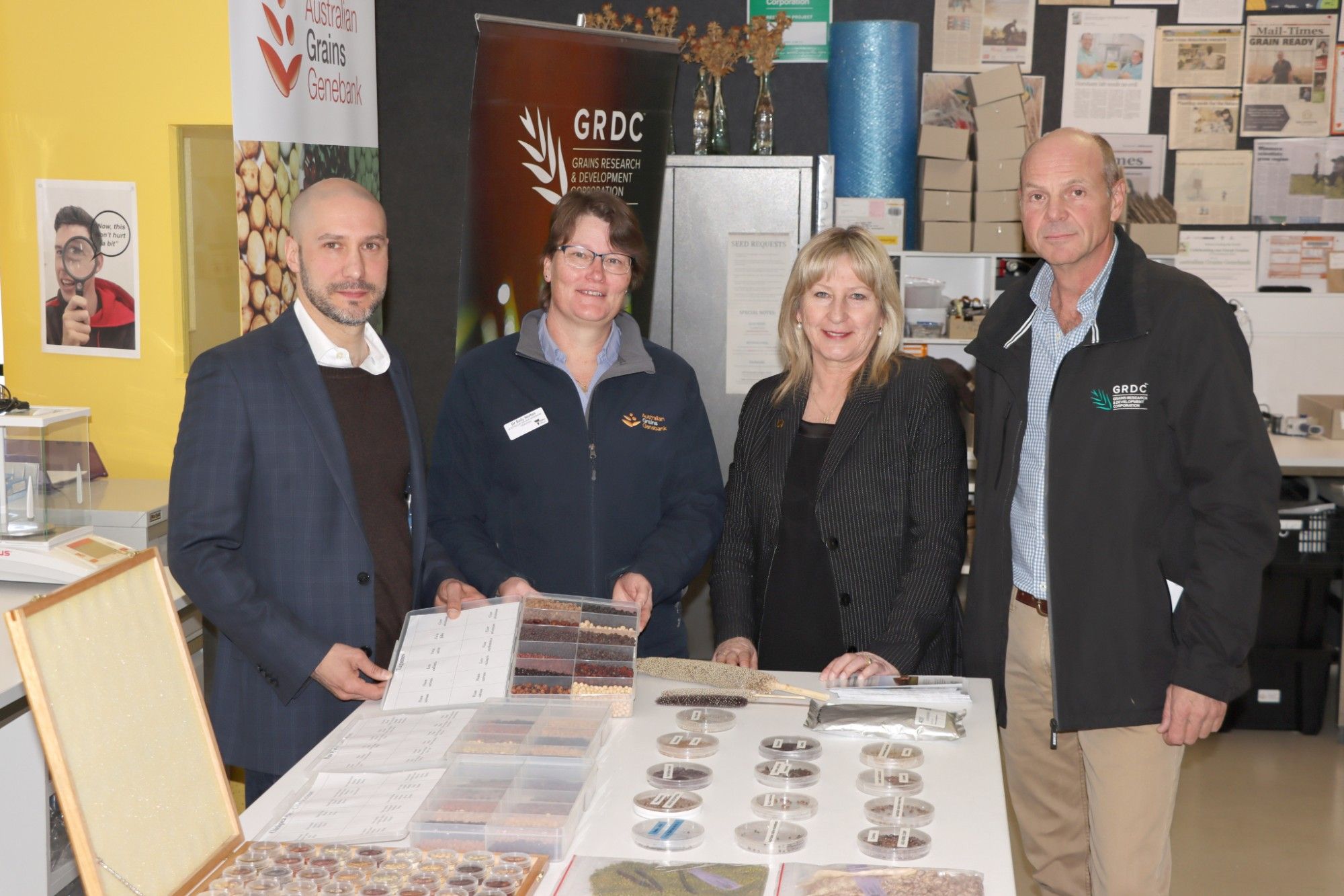 Matt Lowe, chief executive Agriculture Victoria; Sally Norton, Australian Grains Genebank leader, Agriculture Victoria; Gayle Tierney MP, Minister for Agriculture; and John Woods, Grains Research and Development Corporation board chair.