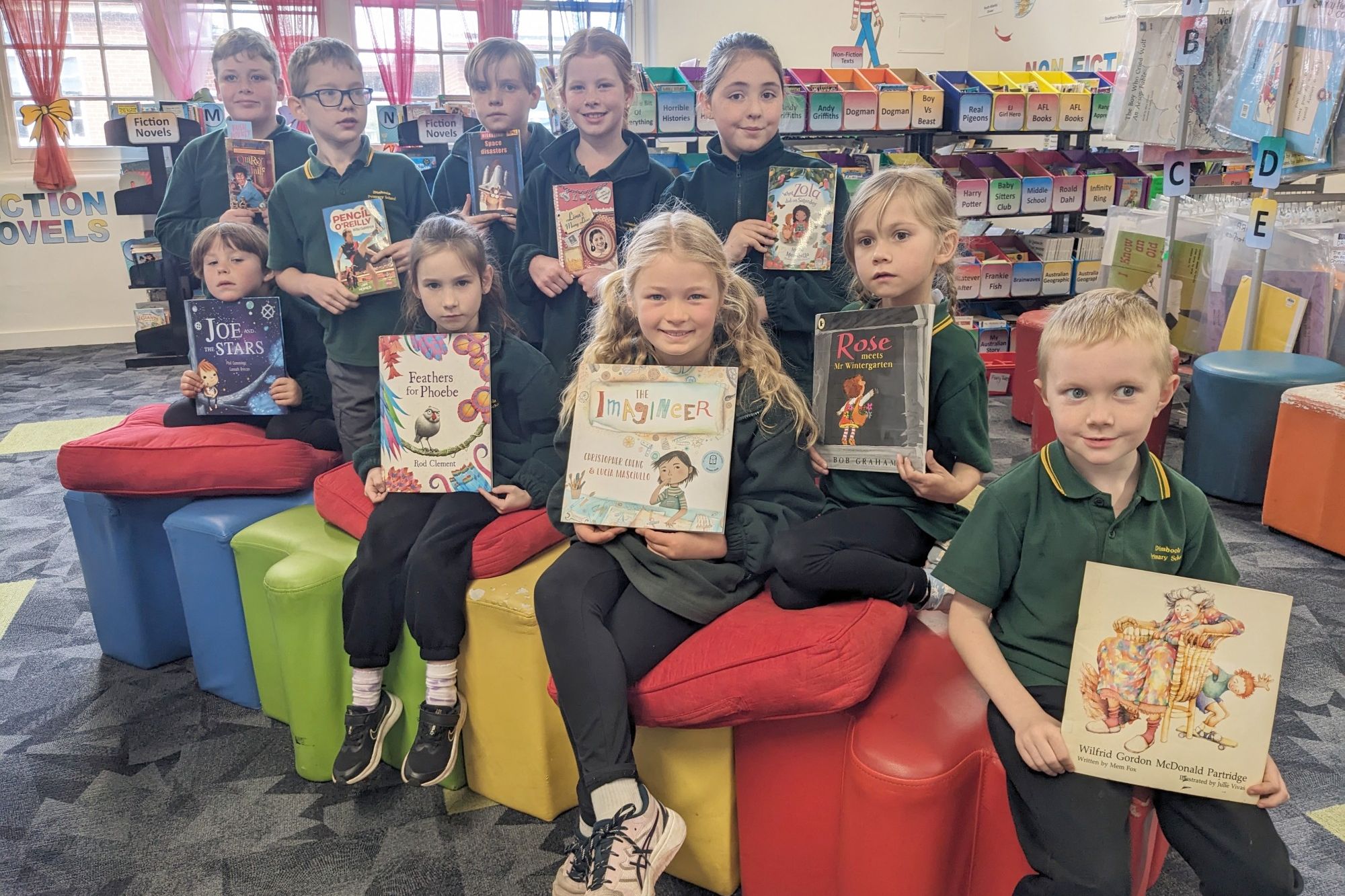 Dimboola Primary School Prep to Year 4 students are, from back left, Paddy Schwarz, Tyler Howard, Ryan Wallace, Eva Briggs and Isla Pilmore; front row from left, Harmony Margetts, Lyric Parish, Pippa Eldridge, Parni Rigney-Read and Casey Warner.
