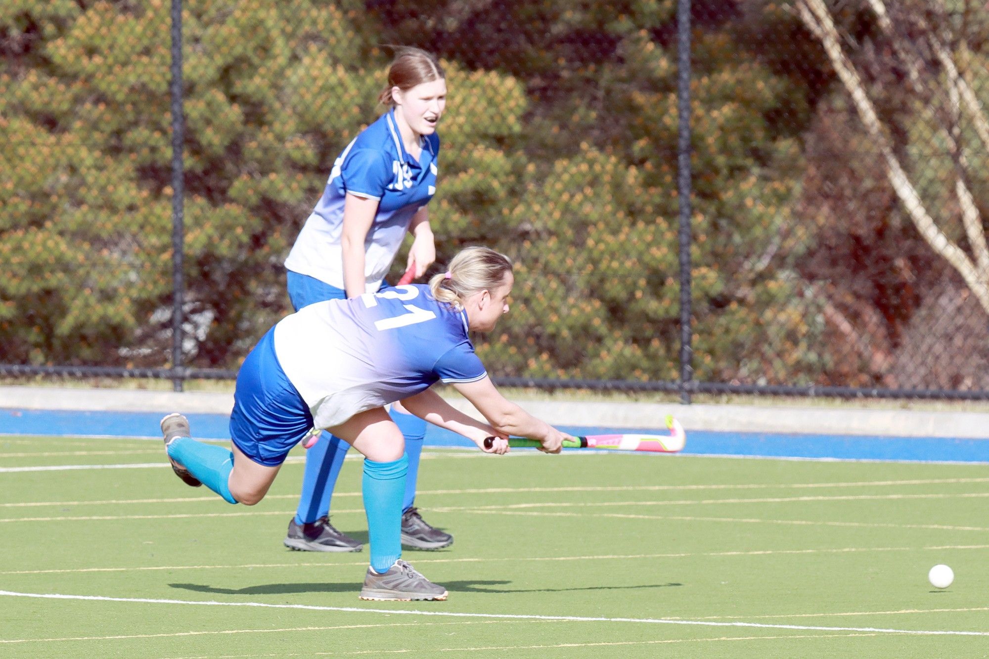 Kaniva&rsquo;s Jennie Hauselberger takes a shot at goal while her teammate Querida Pearse looks on.