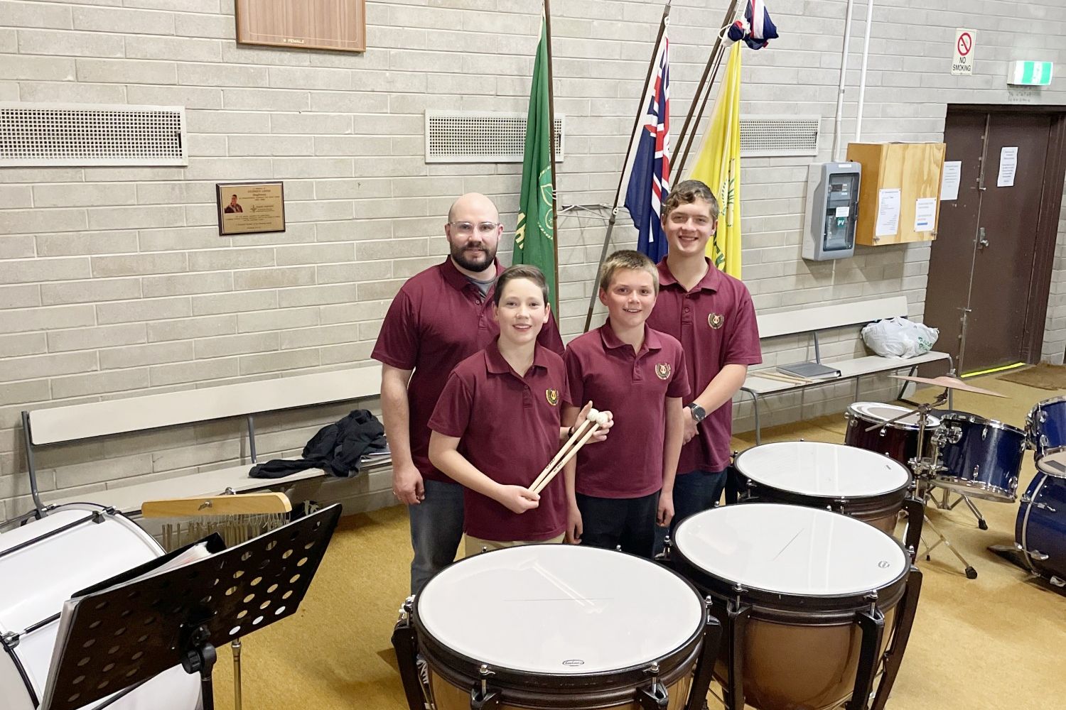 Josh Parsons, Michael Wright, Riley Bish and Oskar Nuske with the Warracknabeal and District Band's new Timpani drum set.