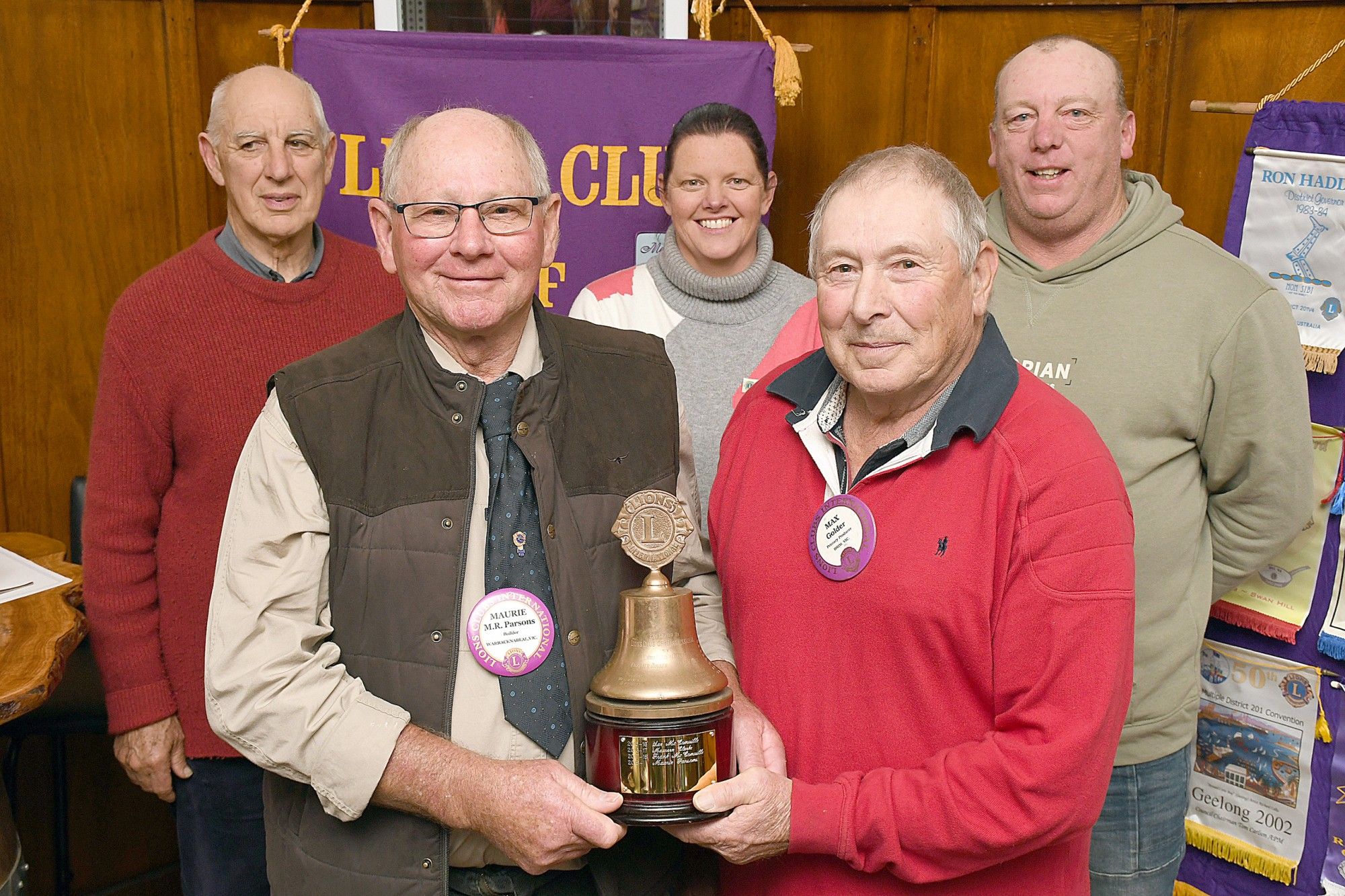 Warracknabeal Lions president Maurie Parsons and Brim president Max Golder are joined by their respective board members Gil Arnold, Emma Mansfield and Matt Crisp.