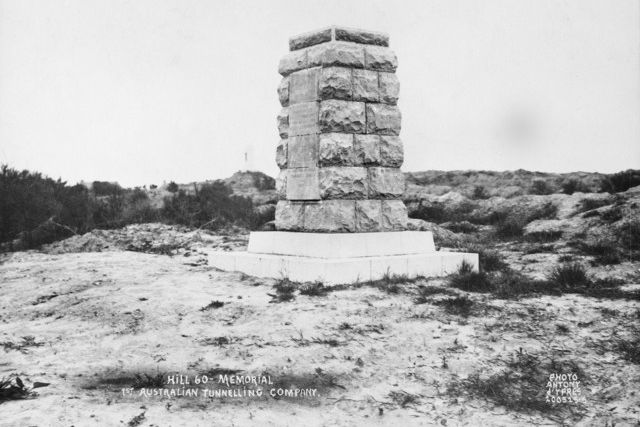 The Hill 60 Memorial at Ypres, Belgium, c 1923, to commemorate men of the 1st Tunnelling Company, Royal Australian Engineers, who died during mining operations between 1916-11 and 1917-07.