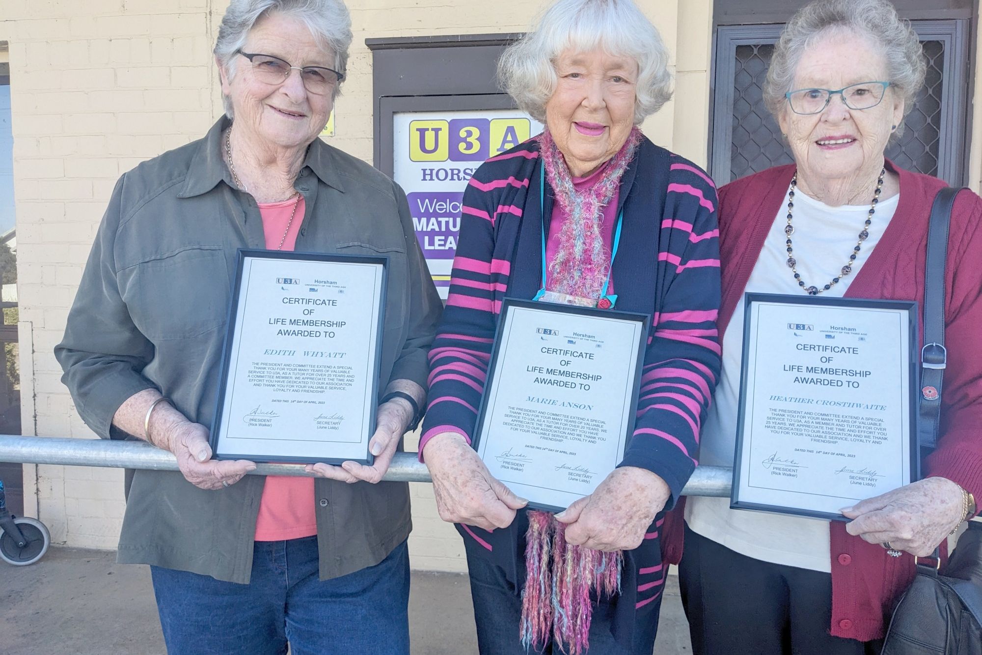 New U3A life members Edith Whyatt, Marie Anson and Heather Crosthwaite.