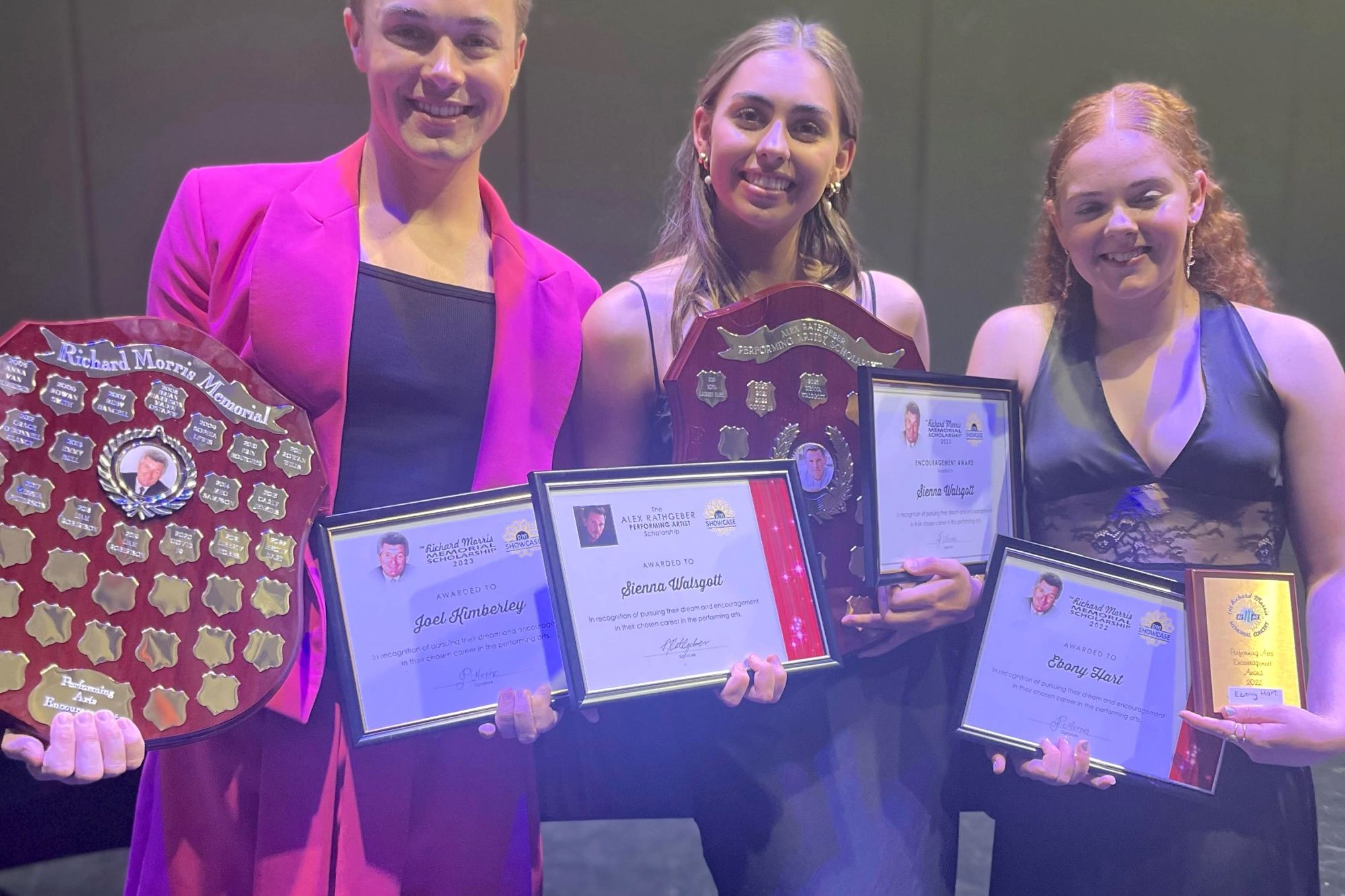 Scholarship winners Joel Kimberley, Sienna Walsgott and Ebony Hart.
