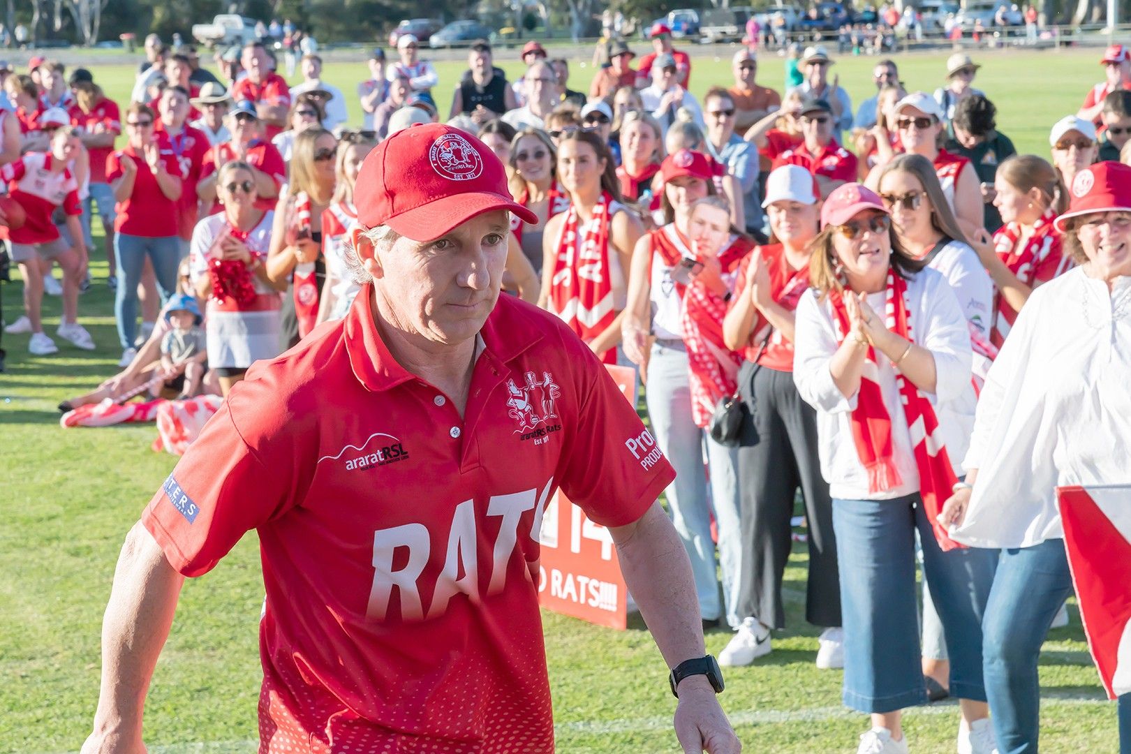 Matt Walder walking on stage after coaching Ararat to the 2023 premiership. He will hope to do the same with the Eagles. Photo SHANE ROBERTS