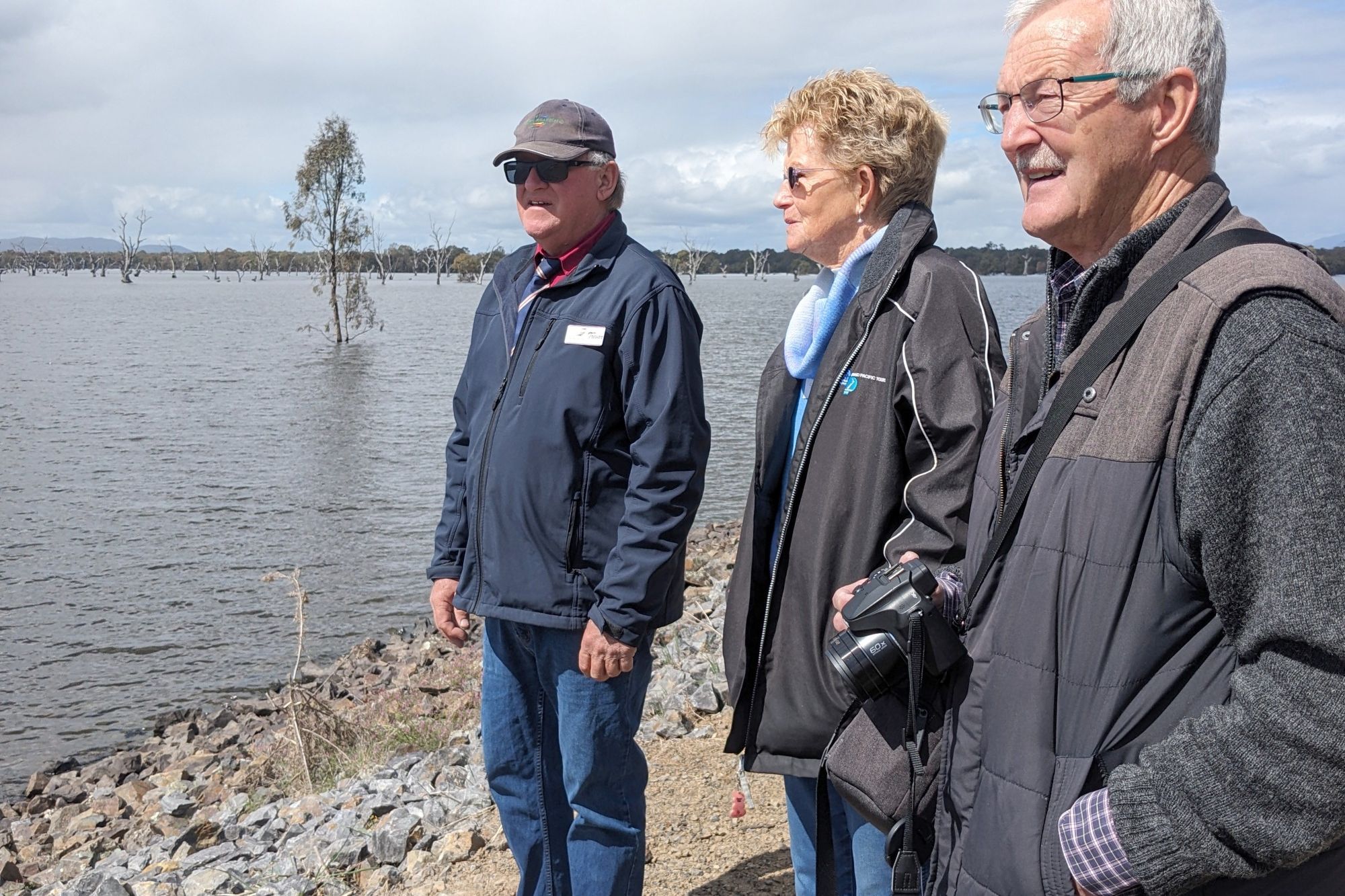Coach driver Trevor Schwarz (right) Catherine Sellers and Harvey Champness at Lake Lonsdale. Photos Faye Smith