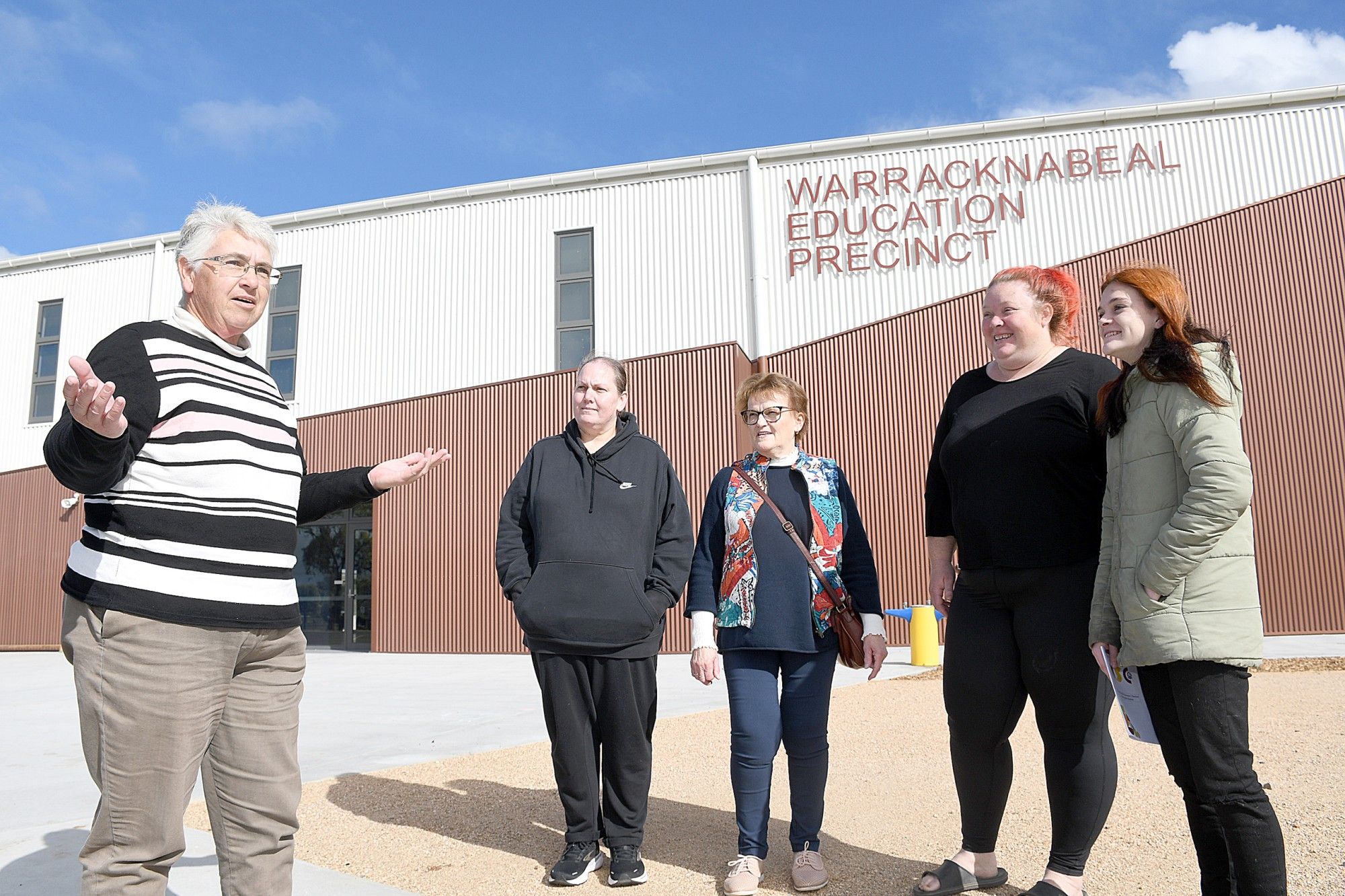 Warracknabeal Secondary College principal Casey Phelan took Rebecca Patullo, former WPS receptionist of 38 years-Bev Haebich, and Tiarmore and Angel Nikklelson on a tour of the new combined school in May.