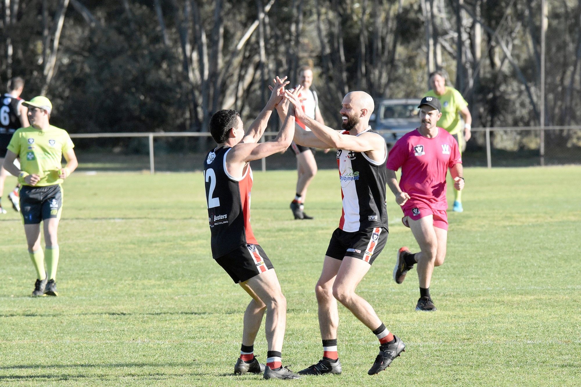 Horsham Saints' Jacob O'Beirne celebrates kicking his second goal with team-mate Daniel Rees during Sunday's first semi-final win over Dimboola. Photo: GEORGIA WARD