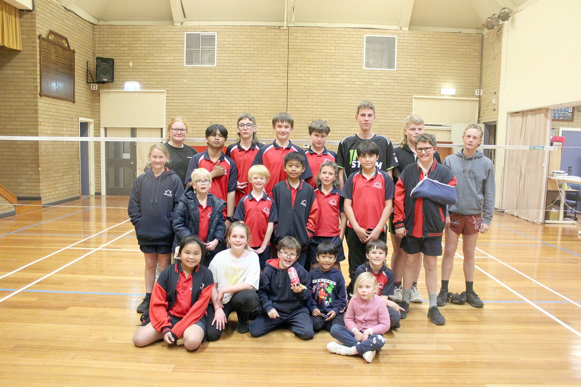 The 2023 Junior Badminton players (plus a few extras) at the end-of-season dinner and presentation. Back, from left: Lily Saul, Tim McIntosh, Archie Roberts, Jasper Bigham, Jacob Boyle, Charlie Roberts, Dustin Eckermann, Fletcher Keller Middle, from left: Felicity Keller, James Saul, Xavier Hollamby, Lawrenz McIntosh, Murphy Jochinke, Phoenix Wairau, Evan Keller Front, rom left: Lane Zadow, Emma Saul, Kolby Bigham, Roger McIntosh, Madi Jochinke, Tanner Bigham