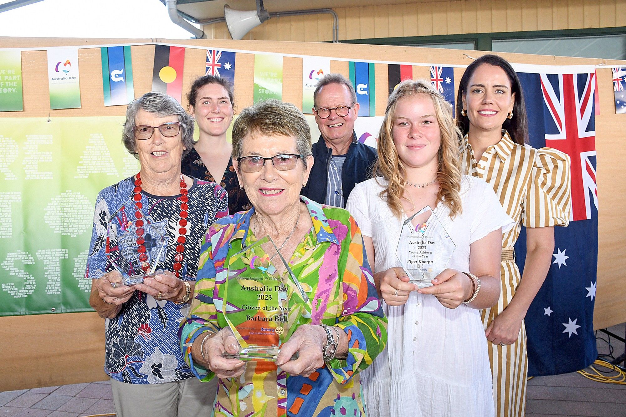 REFLECT, RESPECT, CELEBRATE: Sportsperson of the Year Mavis Wardle, singer Sofia Laursen Habel, Citizen of the Year Barbara Bell, Rotary president John Tonkin, Young Achiever of the Year Piper Knorpp, and guest speaker Nicole Batley at Warracknabeal's 2023 Australia Day event.