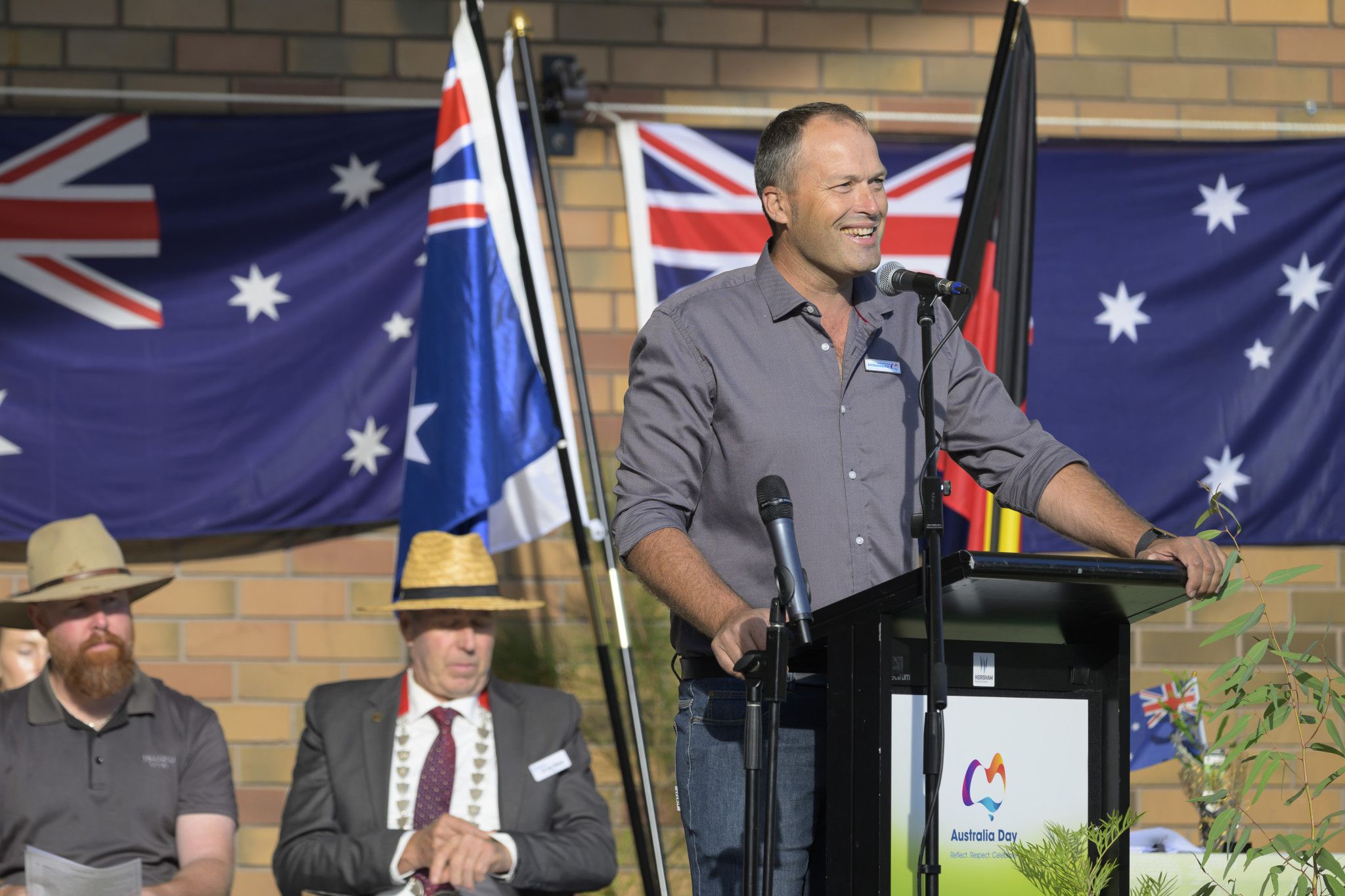 National Farmers' Federation president, Australia Day ambassador and Murra Warra mixed farmer David Jochinke addresses the crowd. Photo: ROBIN WEBB