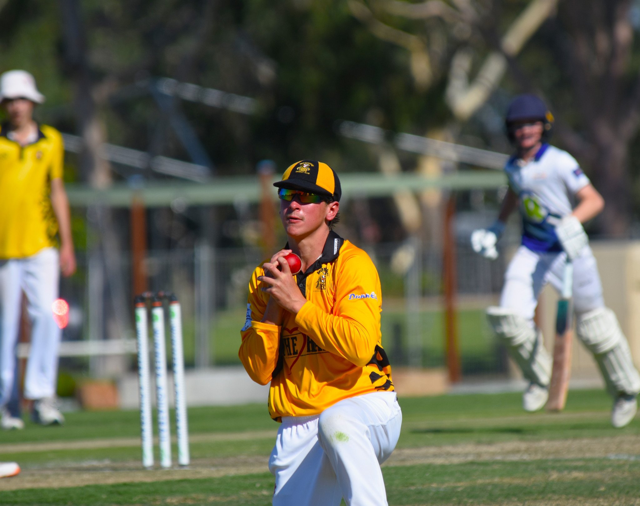 Callum Jackson holds onto the catch to dismiss Ryder Hudson late in the game. Jackson hit an impressive 69 runs in the Tigers' innings.