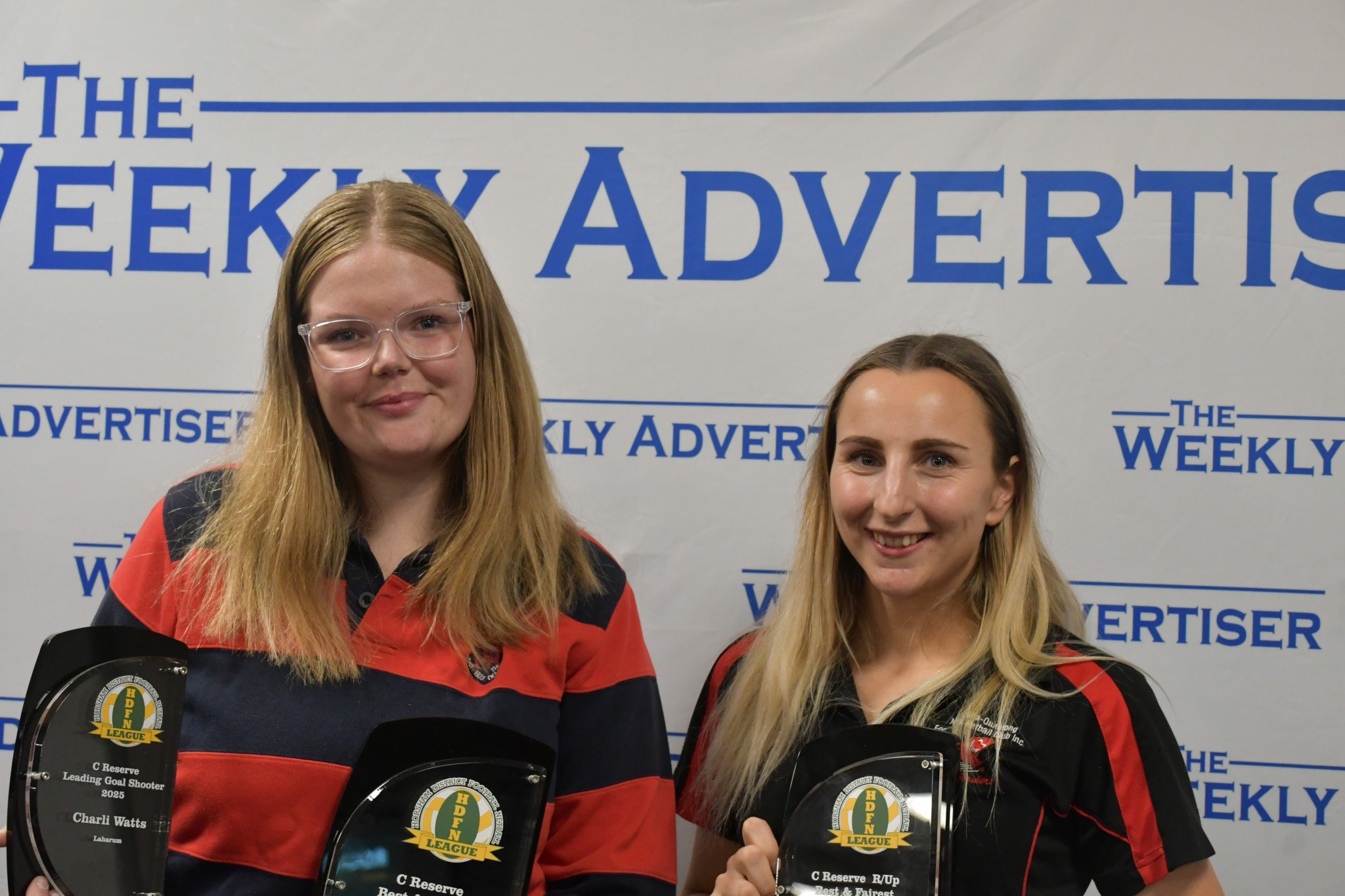 C Reserve netball award winners: best and fairest winner and leading goal shooter Charli Watts (Laharum), and best and fairest runner up Emma Criddle