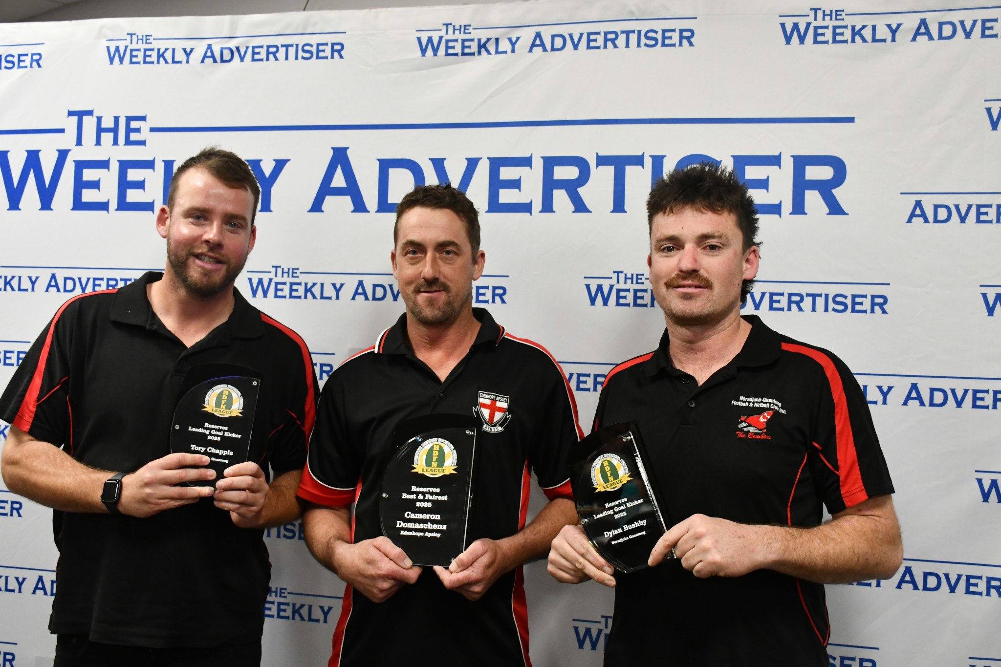 Reserve football award winners, from left to right: leading goal kicker Tory Chapple (Noradjuha Quantong), best and fairest award winner Cameron Domaschenz (Edenhope Apsley), leading goal kicker Dylan Bushby (Noradjuha Quantong). Best and Fairest runner up Dylan Baker (Pimpinio) was absent.