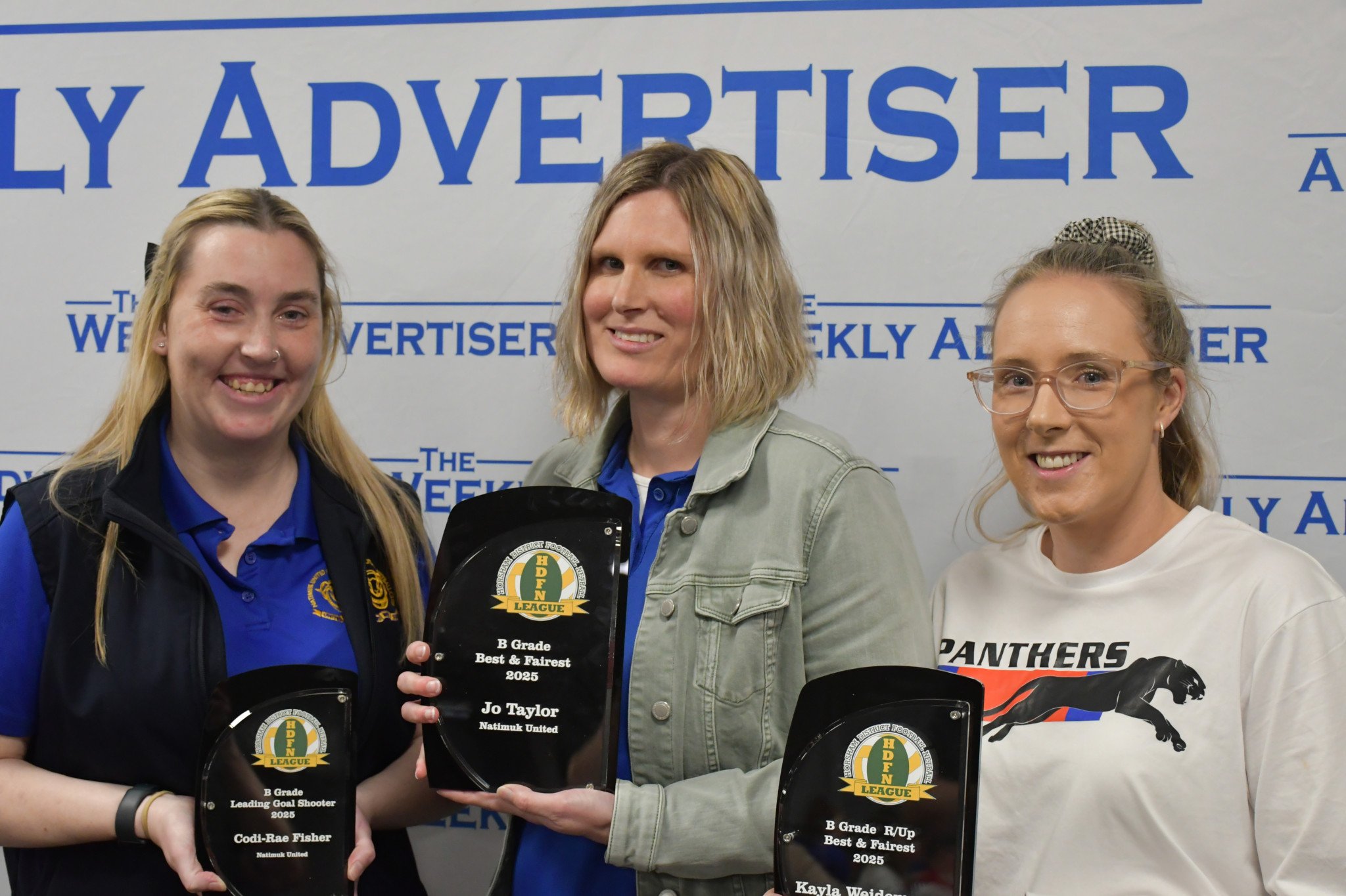 B Grade award winners from left to right: leading goal shooter Codi-Rae Fisher (Natimuk United), Casey Vanstan standing in for best and fairest award winner Jo Taylor, and best and fairest runner up Kayla Weidemann.
