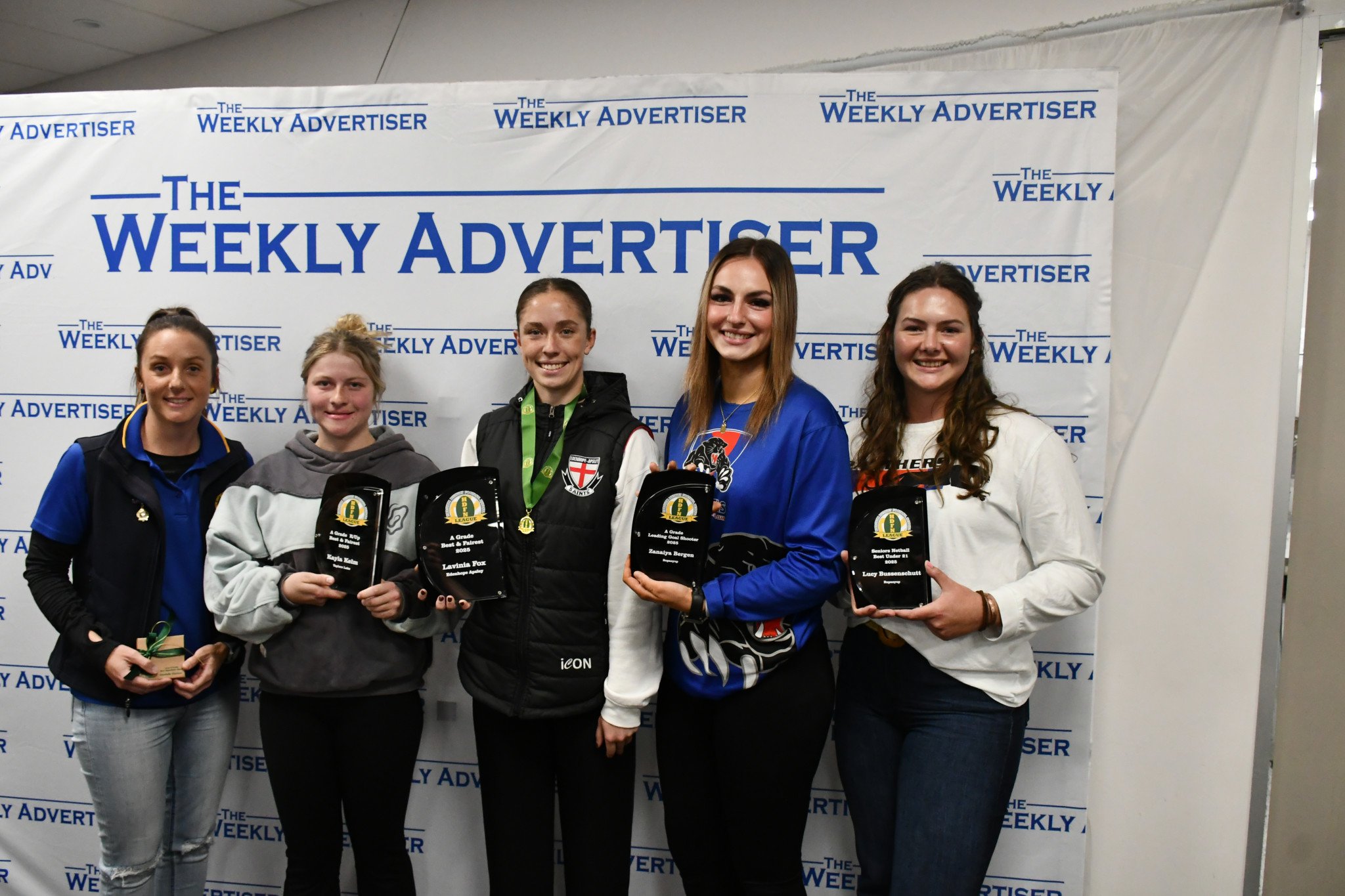 HDFNL A grade award winners, from left to right: Player’s player award winnerDanielle Hanson (Natimuk United), best and fairest runner up Kayla Kelm (Taylors Lake), best and fairest winner Lavinia Fox (Edenhope Apsley), goal scoring award winner Zanaiya Bergen (Rupanyup), under 21 best player Lucy Bussenschutt (Rupanyup)