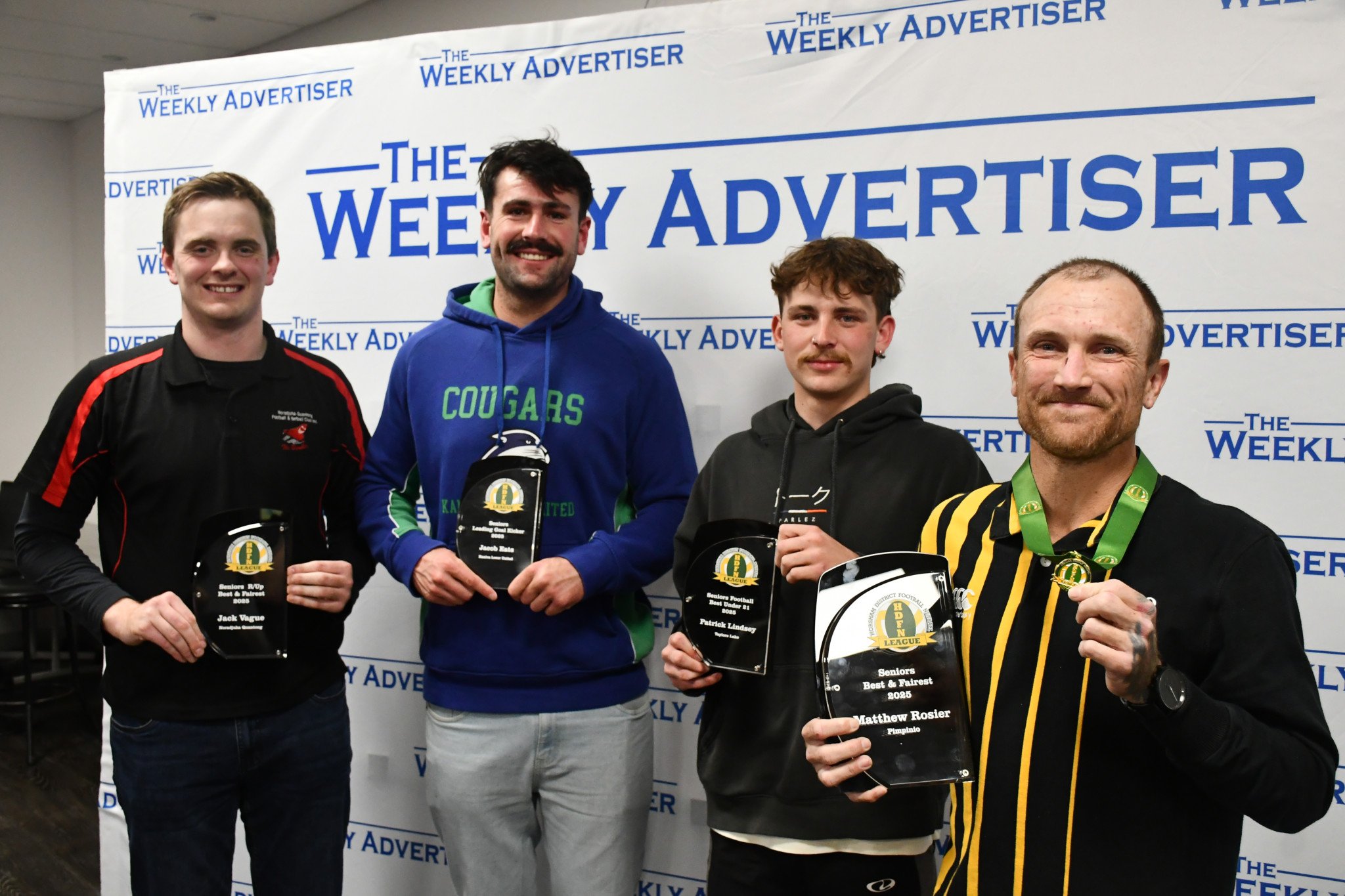 HDFNL seniors football award winners, from left to right: best and fairest runner up Jack Vague (NQ), leading goalscorer Jacob Eats (KLU), best under 21 player Patrick Lindsey (Taylors Lake) and Dellar Medal best and fairest winner Matt Rosier (Pimpinio).