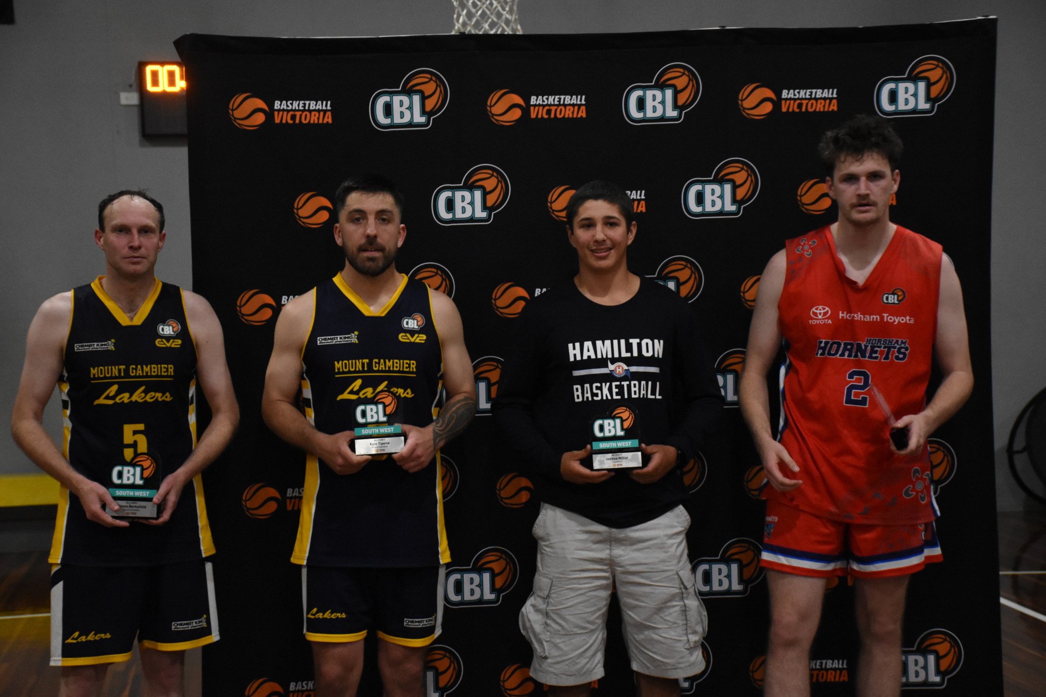 Austin McKenzie was named one of the all-star five. L-R: Simon Berkefeld, Kyle Tipene (Mount Gambier), Joshua Miller (Hamilton) and Austin McKenzie (Horsham). Liam Herbert (Warrnambool) was not present. PHOTO: CHRIS GRAETZ
